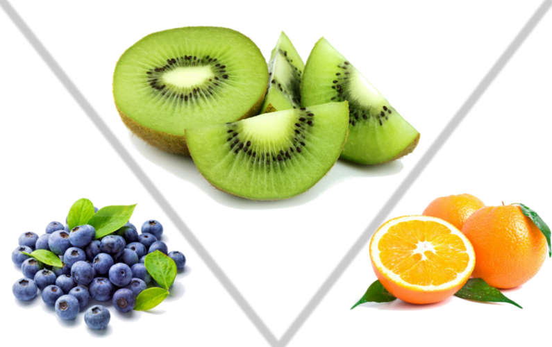 "Obstschale" aus Blaubeeren, Kiwi und Orange.