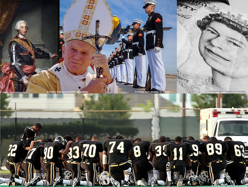 Unterschiedliche Bilder von Marine, Papst, Queen, König Karl III. von Spanien und einem Baseball Team. 