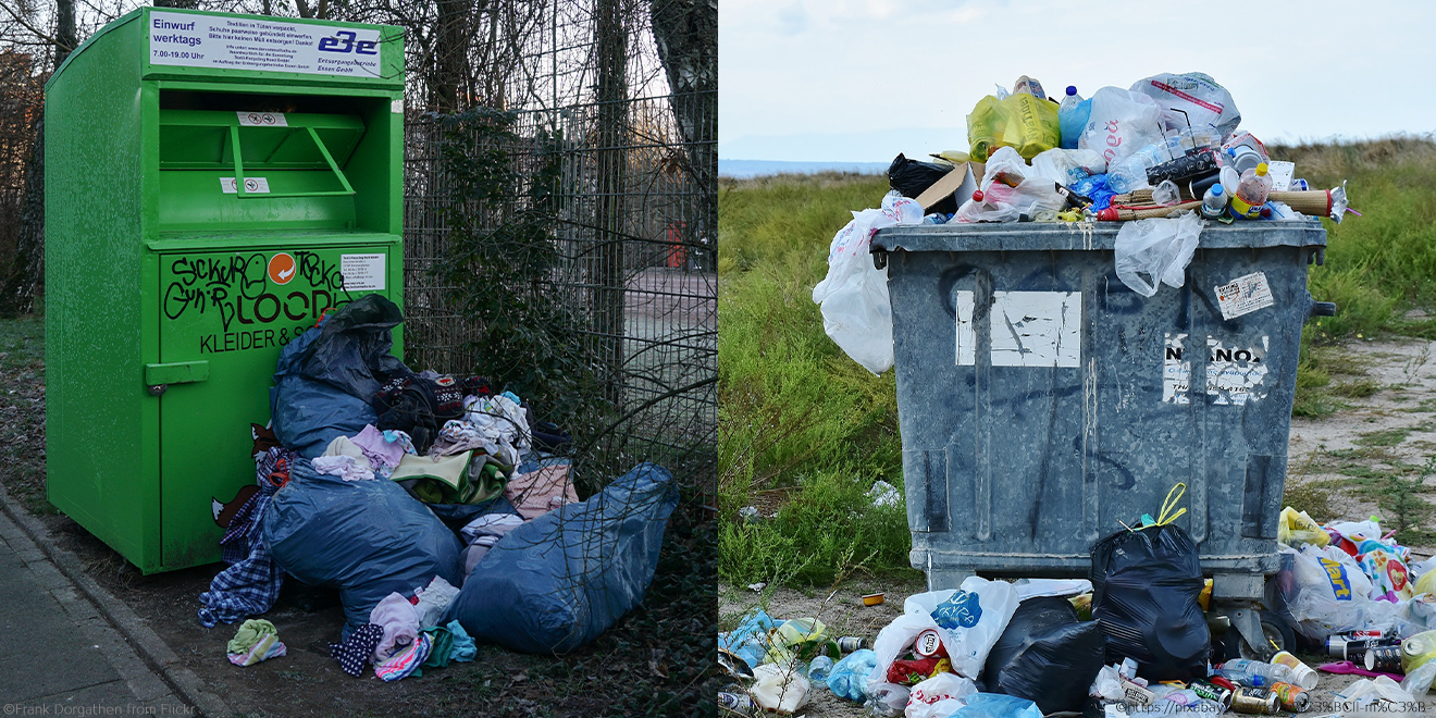 Überquellende Müllcontainer und Altkleider-Container