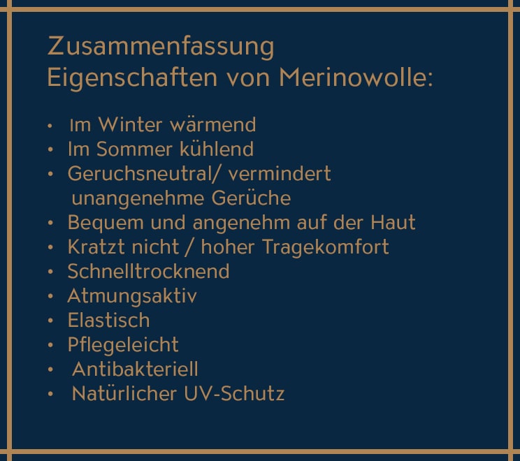 Die Eigenschaften von Merinowolle in einer Liste.