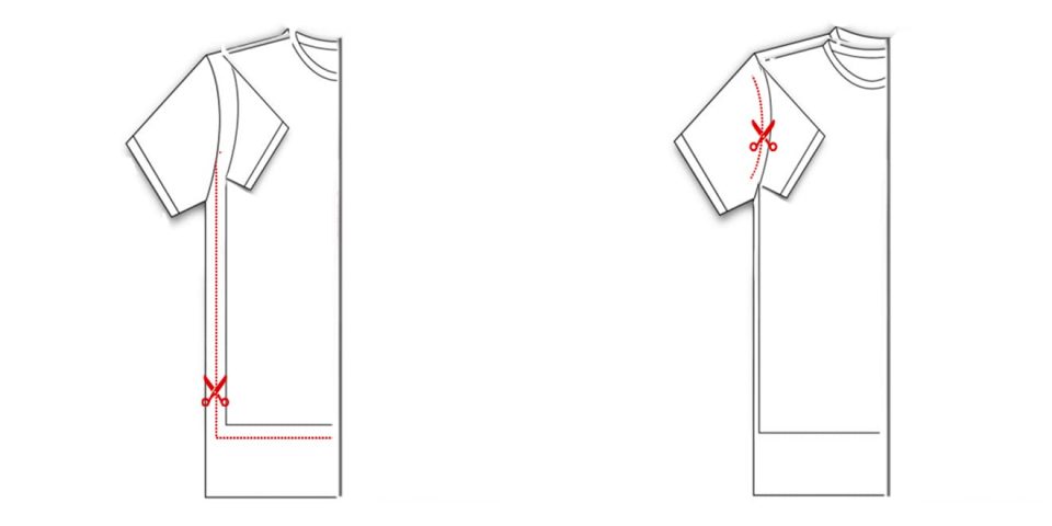 Anleitung zum Zuschneiden eines zu großen T-Shirts. 