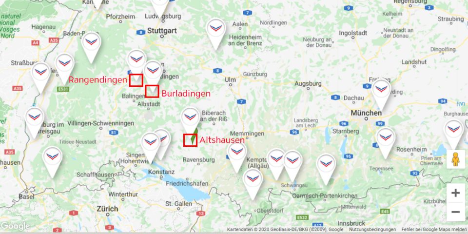 Karte mit Standortmarkierung von Rangendingen, Burladingen und Altshausen.
