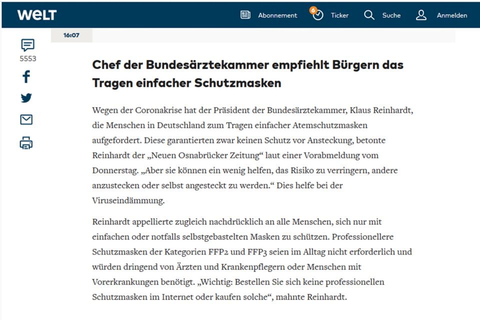 Äußerung Chef der Bundesärztekammer zum Mundschutz