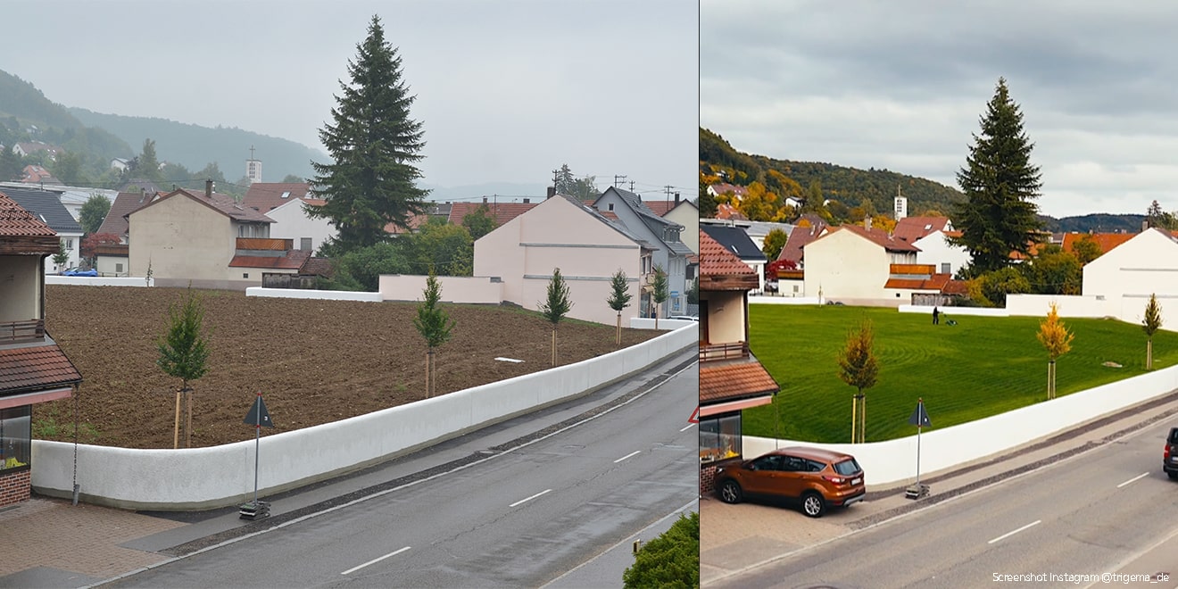 Vorher / Nachher. Der Mitarbeiterpark erhält Bäume und Grünfläche